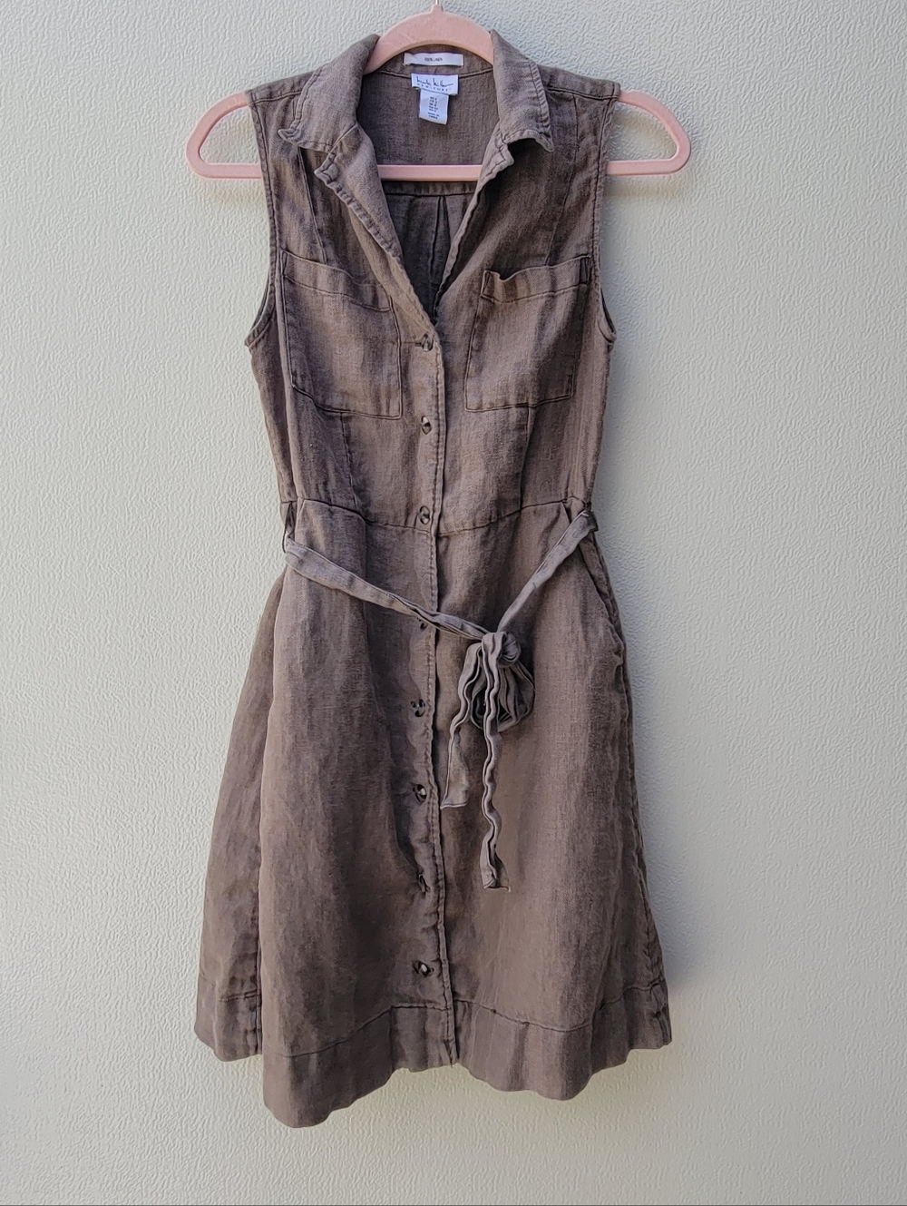 Nicole Miller New York Sleeveless Button-Front Linen Dress in Olive Brown Women.